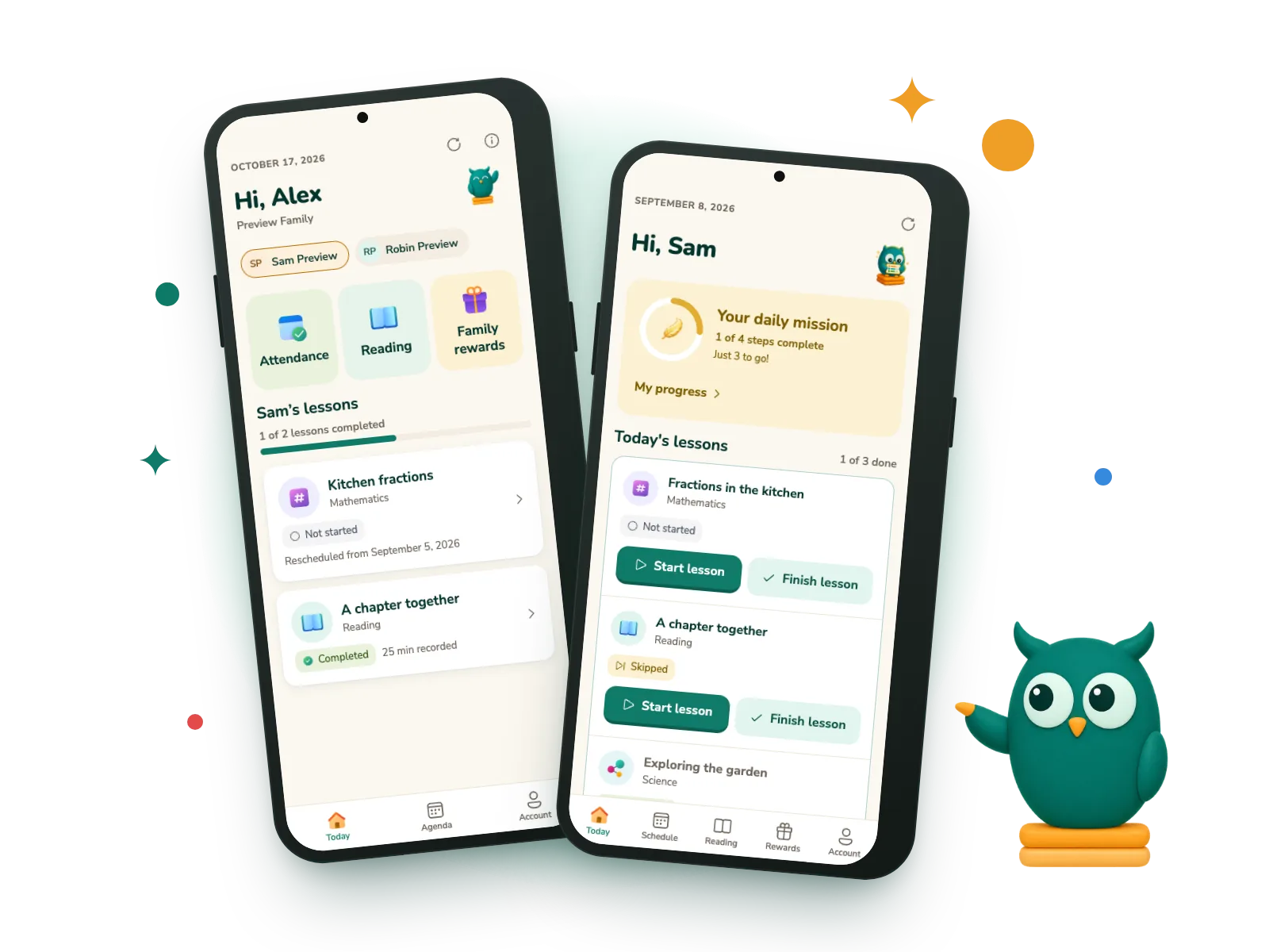 Two phones with the Homeschowl app: a parent's Today screen and a student's daily mission.