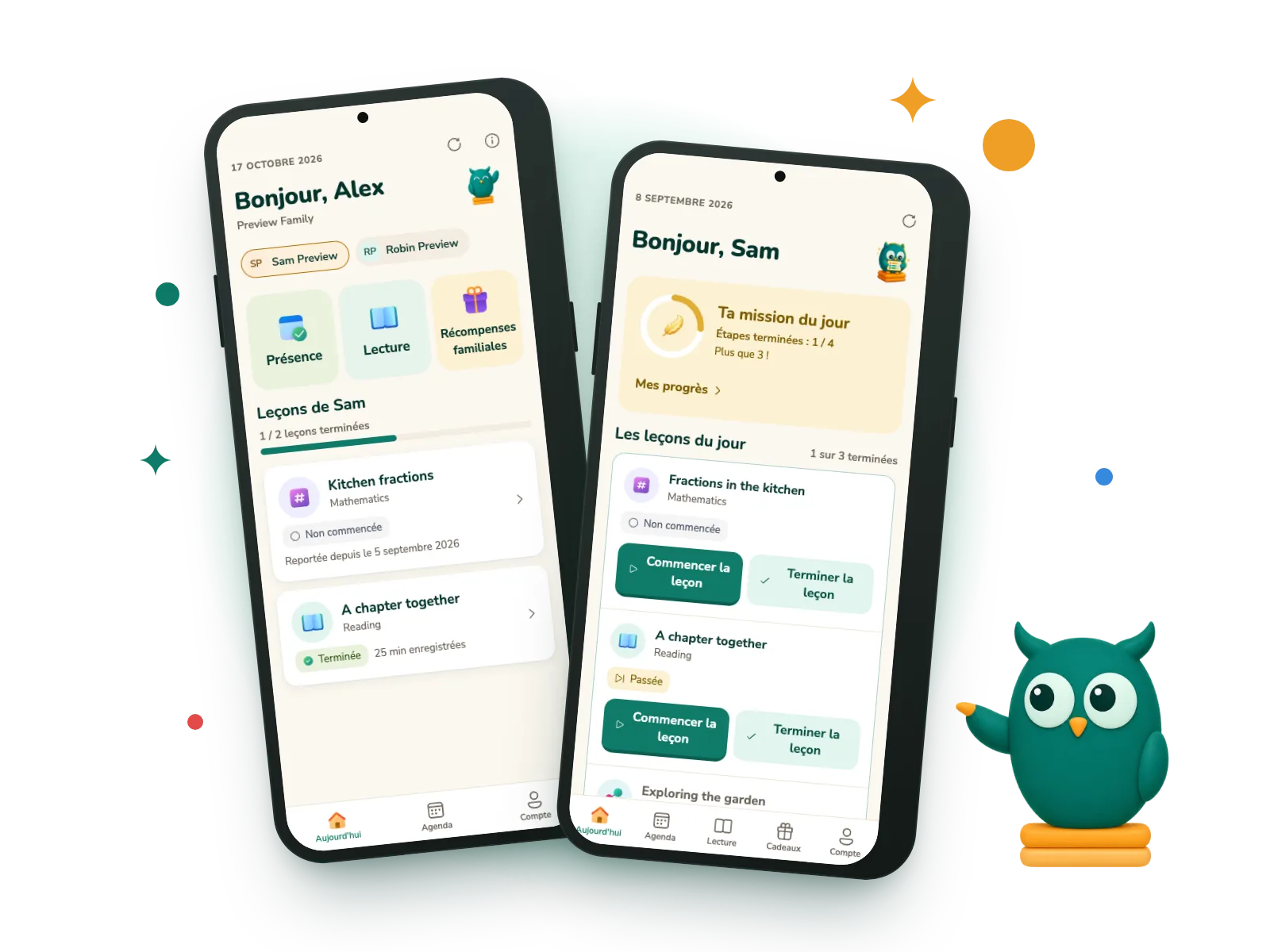 Deux téléphones avec l’application Homeschowl : l’écran Aujourd’hui d’un parent et la mission du jour d’un élève.