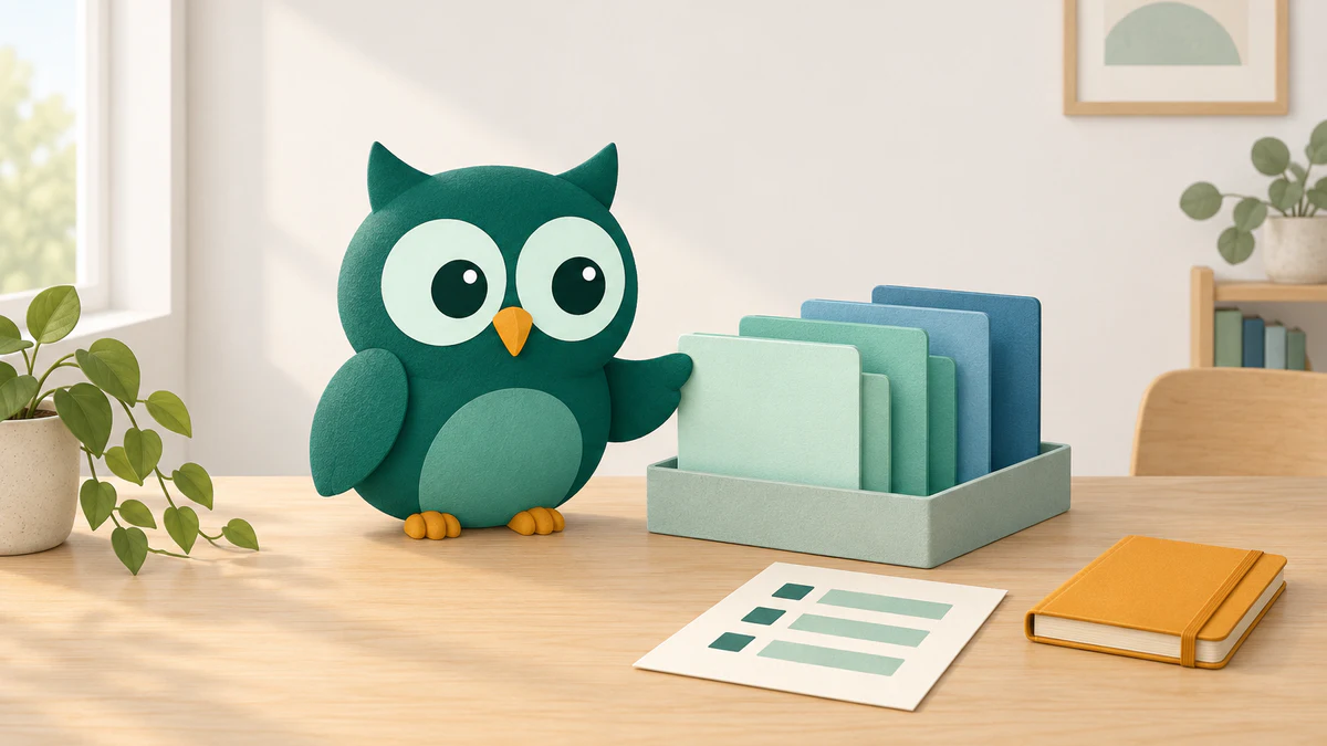 The Homeschowl owl beside a tray of course folders, a blank academic summary sheet, and an amber notebook on a home-learning table.