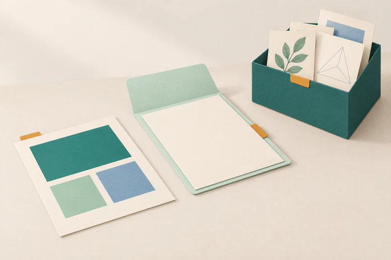 A single summary sheet, a slim course-description folder, and a deeper evidence box form three separate document layers.