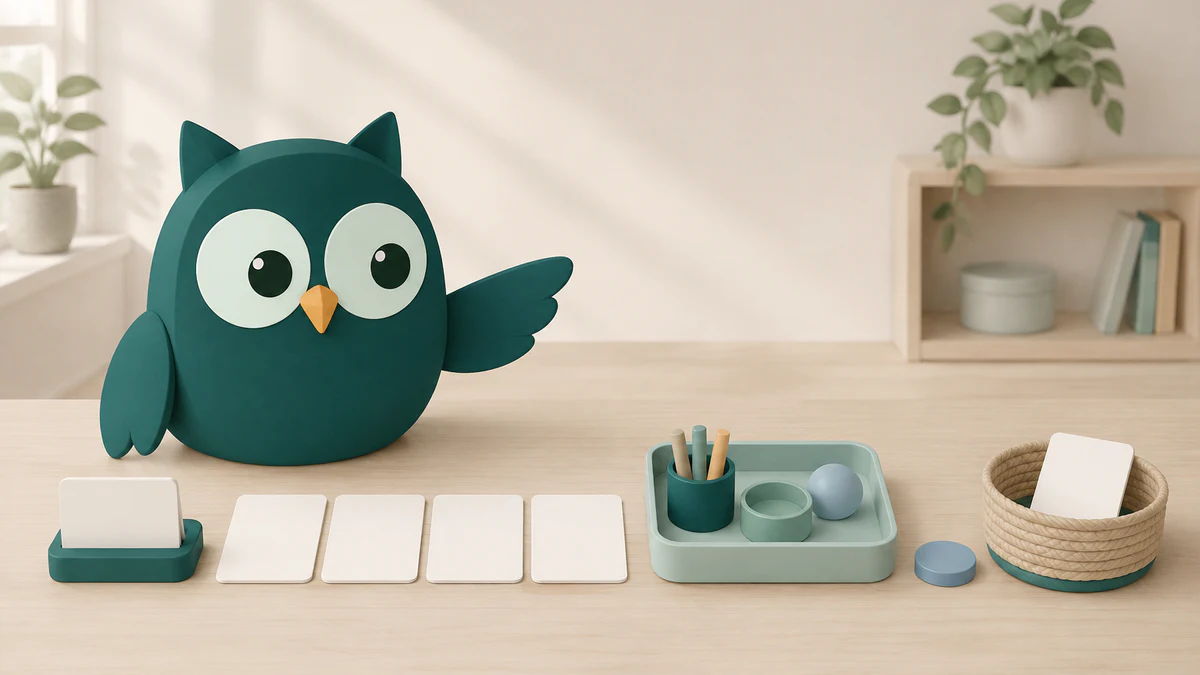 Homeschowl preparing a short independent-learning routine with task cards, a materials tray, a help token, and a finished-work basket.