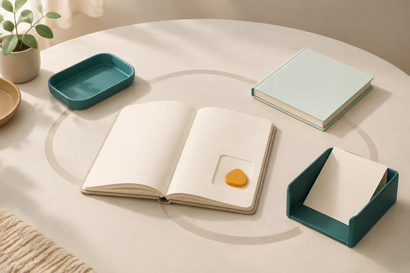A tidy station offers a question token, pause tray, familiar backup book, and a clear place to return unfinished work.