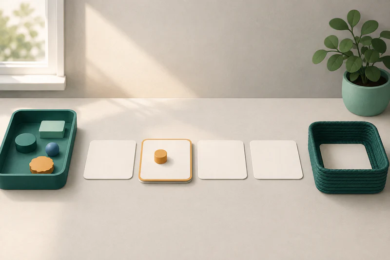 A short path of four blank task cards connects a prepared materials tray to one finished-work basket.