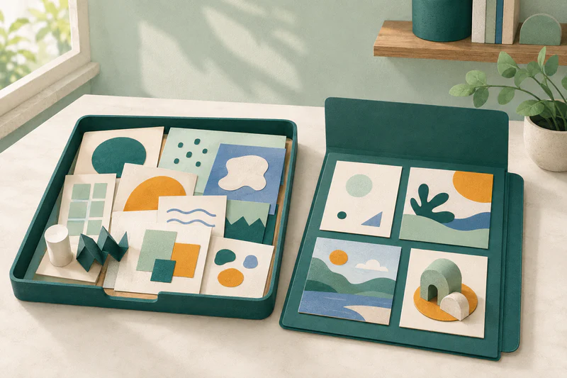 A broad capture tray is curated into a slim folder containing four varied and representative examples.