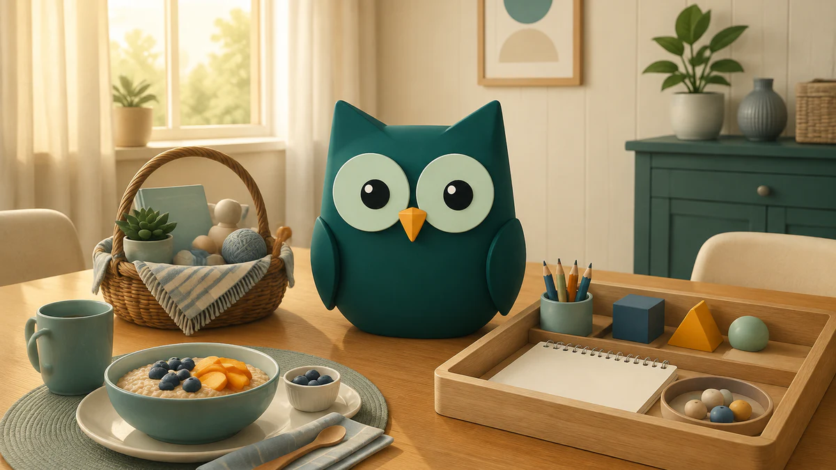 Homeschowl beginning a calm morning beside a breakfast place, a family gathering basket, and a prepared first-lesson tray.