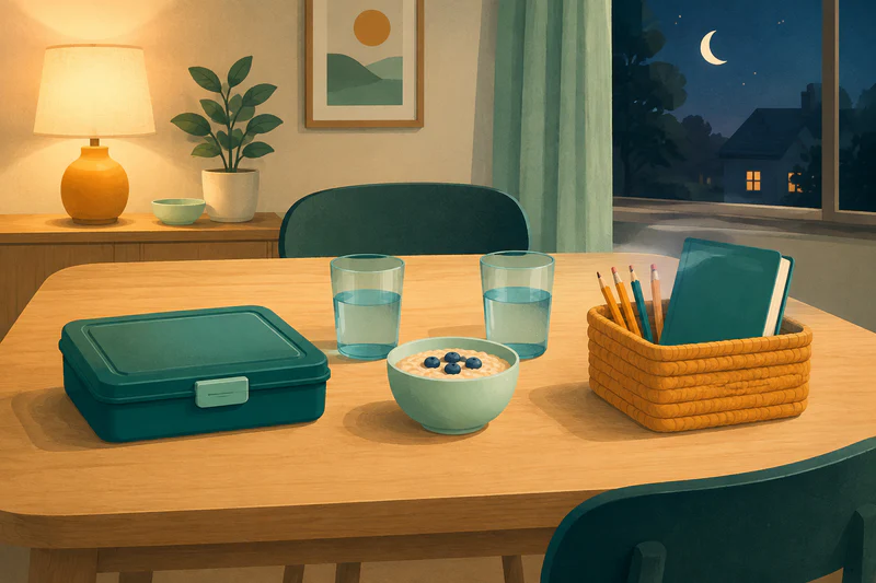 An uncluttered evening table holds one ready lesson tray, simple breakfast pieces, water, and a small gathering basket.