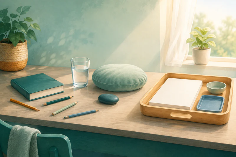 A scattered start flows through a small calming reset and returns to one neatly prepared learning priority.