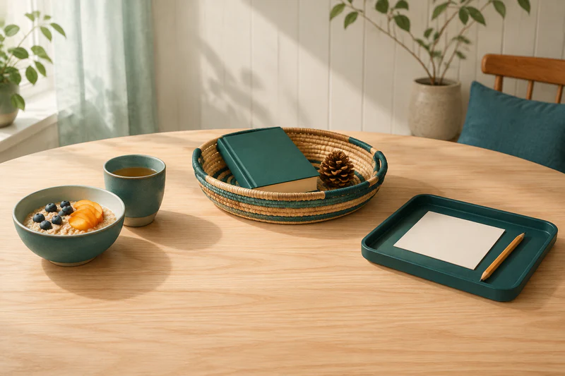 Three spacious morning anchors show breakfast, a small gathering basket, and one prepared first-lesson tray.