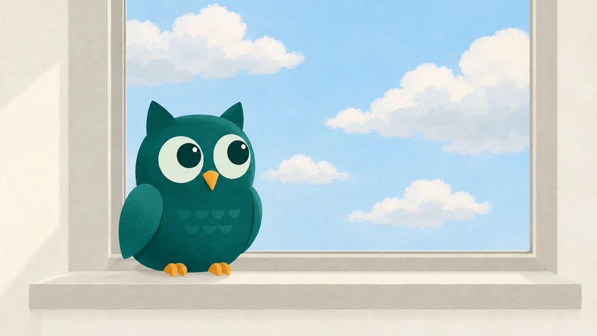A deep-teal Homeschowl owl sits on an interior sill beside a closed window overlooking soft clouds and blue sky.