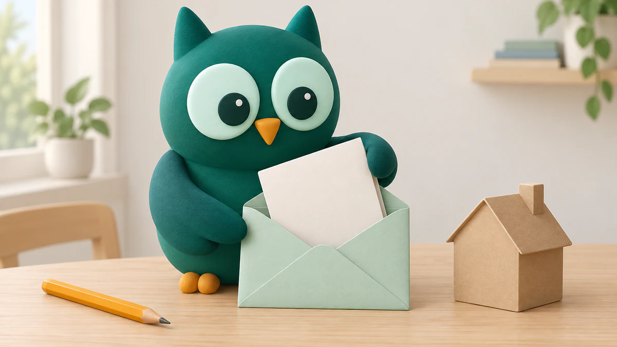 A deep-teal Homeschowl owl sliding a blank invitation into a mint envelope beside a small cardboard house.