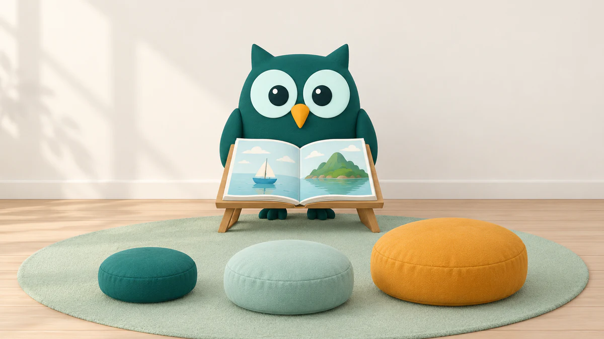 Homeschowl presents an open boat-and-island picture book to three empty reading cushions of different sizes in a calm home nook.