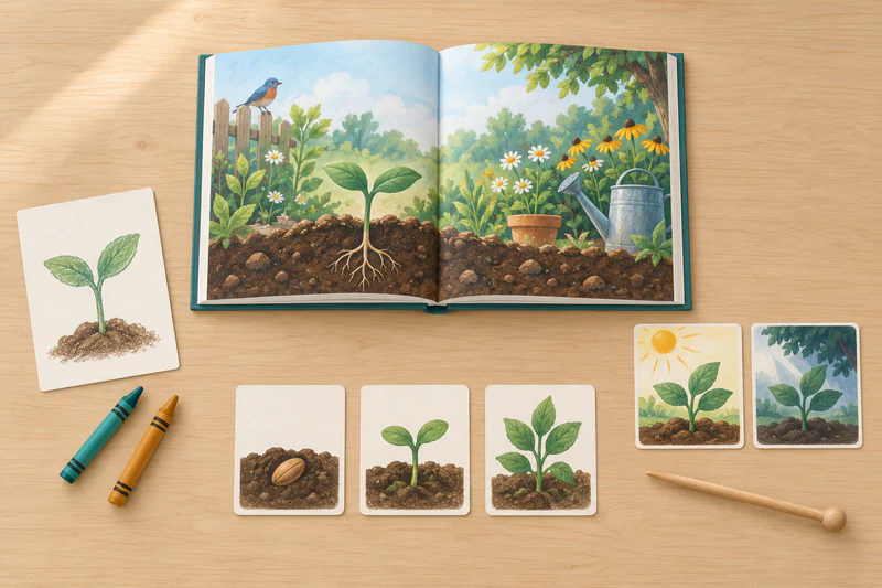 One garden book is surrounded by a seedling drawing, three plant-sequence picture cards, and two plant pictures for comparison.