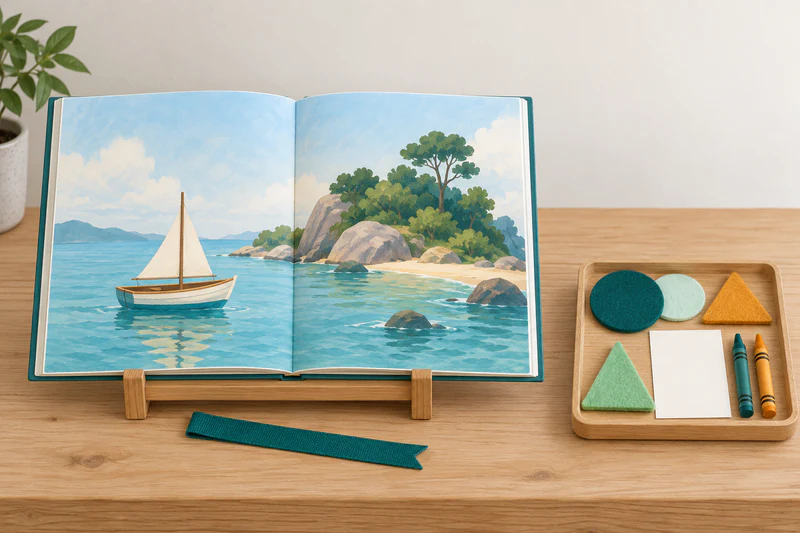 An open book faces the listeners with a bookmark ready, while a tray of soft shapes, blank paper, and crayons sits clear of its pages.