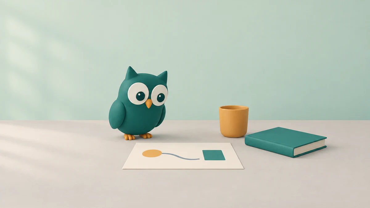 A coruja Homeschowl ao lado de um mapa com formas simples, um copo âmbar e um livro verde-petróleo sobre a mesa.