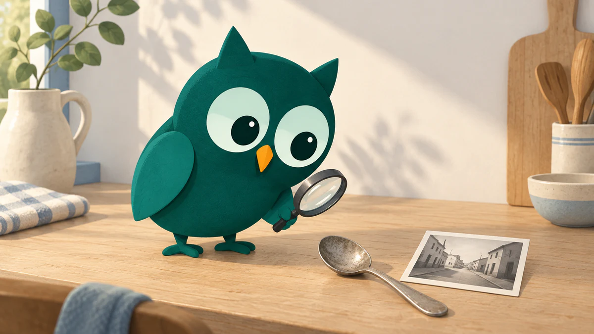 Homeschowl examines a worn spoon with a magnifying glass beside an uncaptioned street photograph on a kitchen table.