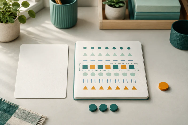 A blank goal card, one work sample, and a small repeated pattern sit at the center while the feedback token waits to the side.