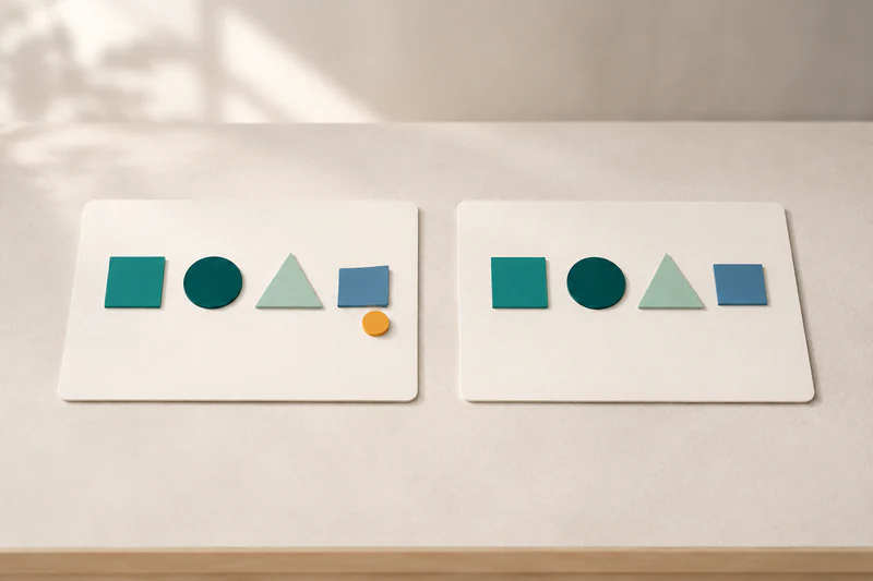 One amber next-step marker connects a first work card to a second attempt with one focused improvement.