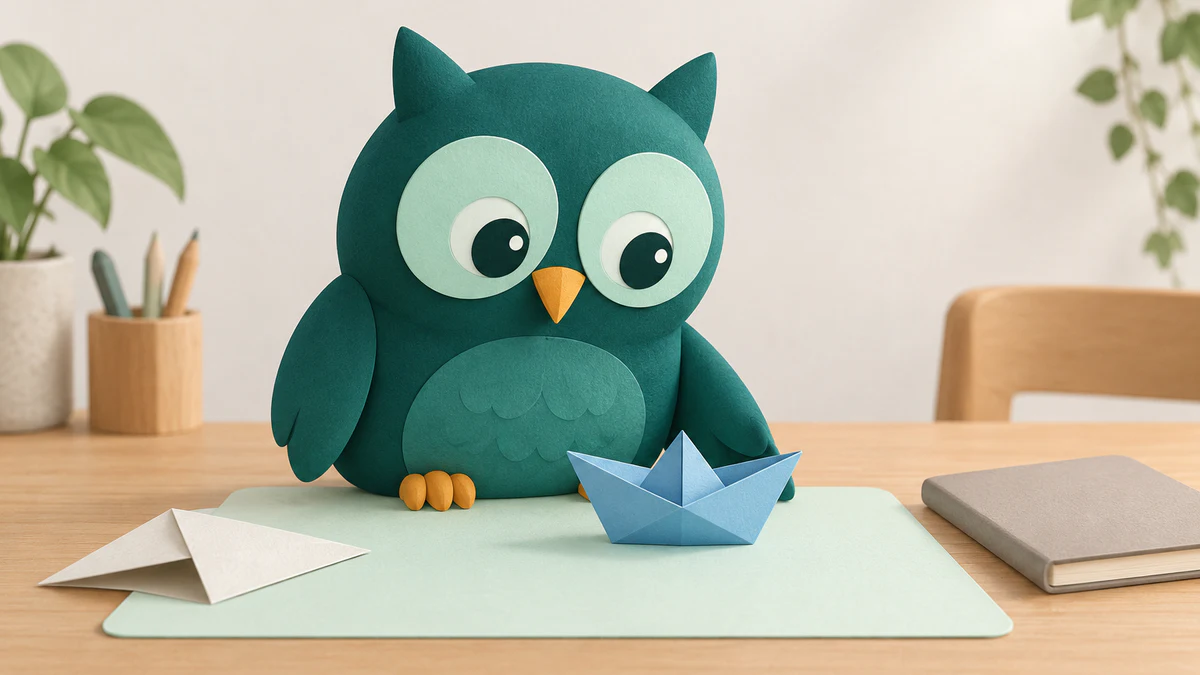A deep-teal Homeschowl owl admiring a blue paper boat beside a practice fold and a plain notebook on a mint work mat.