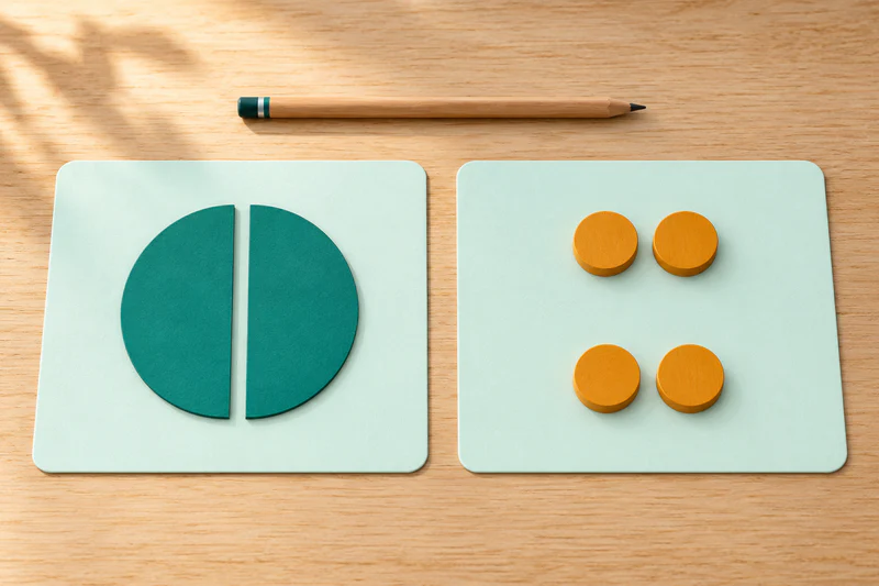 Two equal paper semicircles on one mat and four counters arranged in two equal pairs on another.