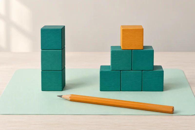 A narrow tower of three blocks beside a revised stepped tower with a wider base on the same work mat.