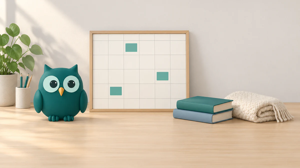 A teal Homeschowl owl beside a mostly empty planning board, closed books, and a folded throw in a season-neutral learning space.