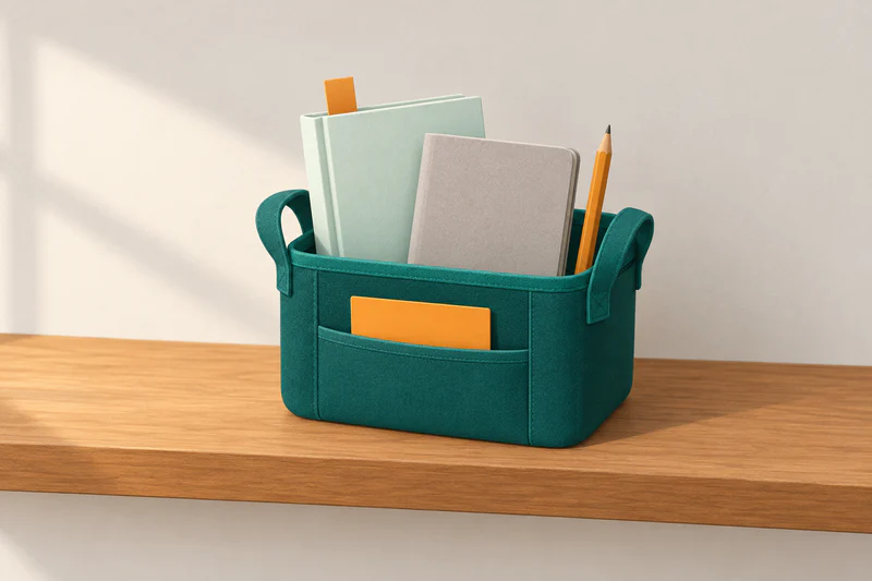 A small basket holds a bookmarked book, a notebook, a pencil, and one blank reminder card for the next learning session.