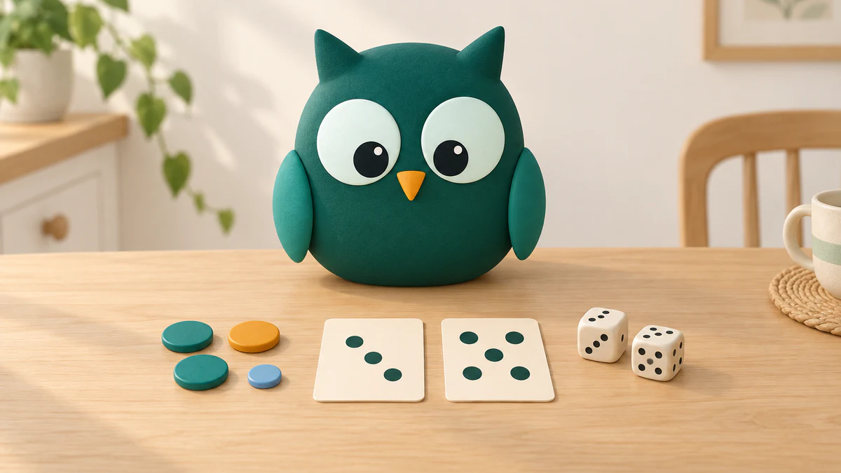 A deep-teal owl observes two dot cards, dice, and round counters on a sunny home-learning table.