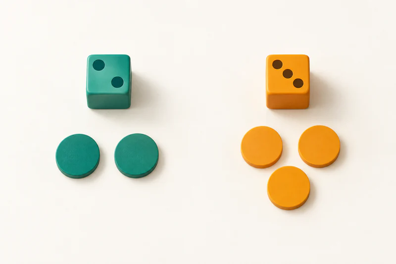 A teal die with two dots beside two teal counters, and an amber die with three dots beside three amber counters.