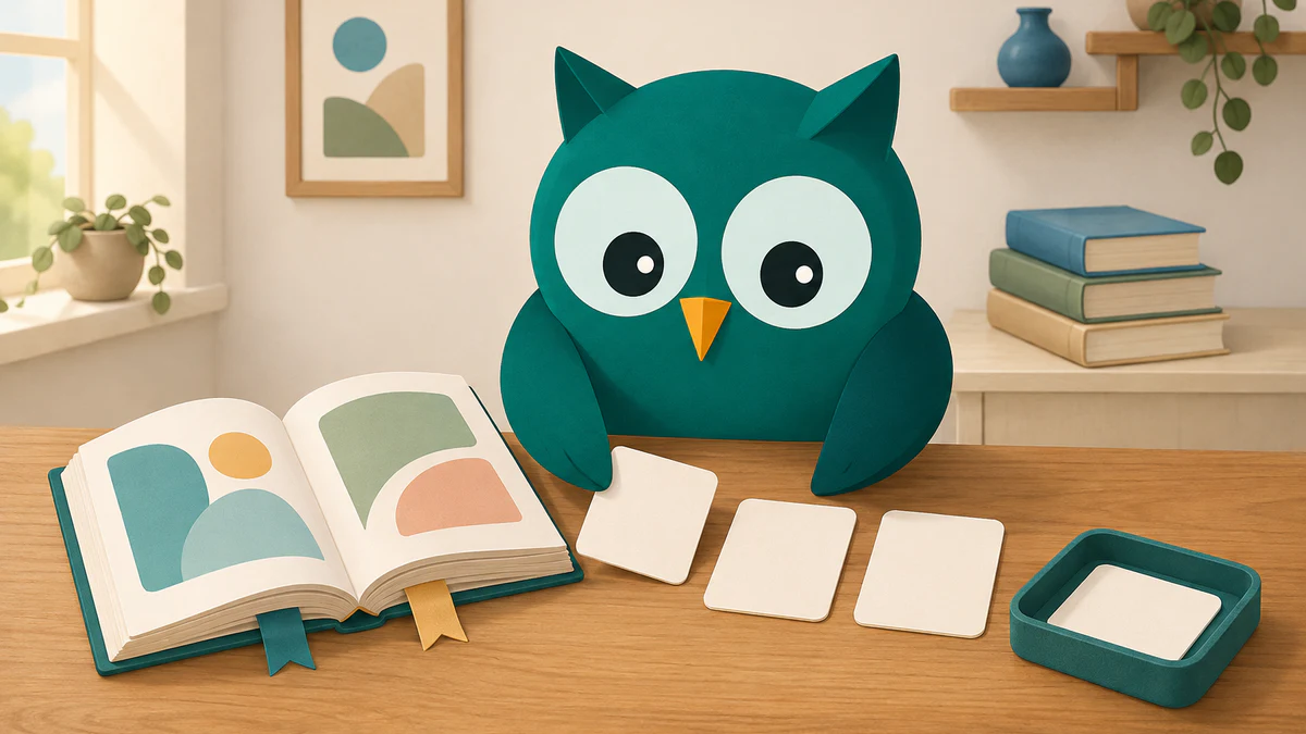 Homeschowl arranging three blank discussion cards beside an open book and saving one meaningful idea in a small tray.