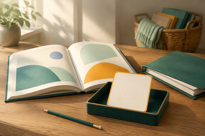 Una mesa de lectura tranquila contiene un libro abierto y una pequeña bandeja verde azulada con exactamente una tarjeta de idea de borde ámbar; unas hojas en blanco sin usar permanecen cerradas al lado.