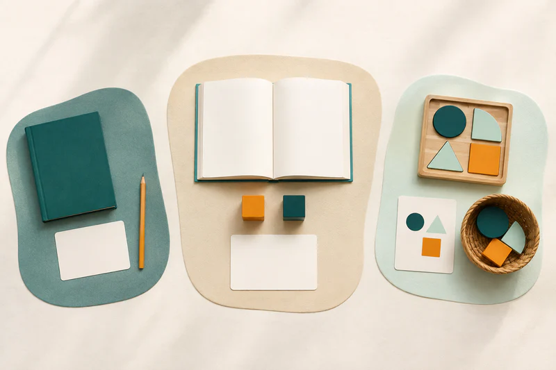 One focused teaching tray sits beside two complete independent-work stations, each with a clear first step and all materials ready.