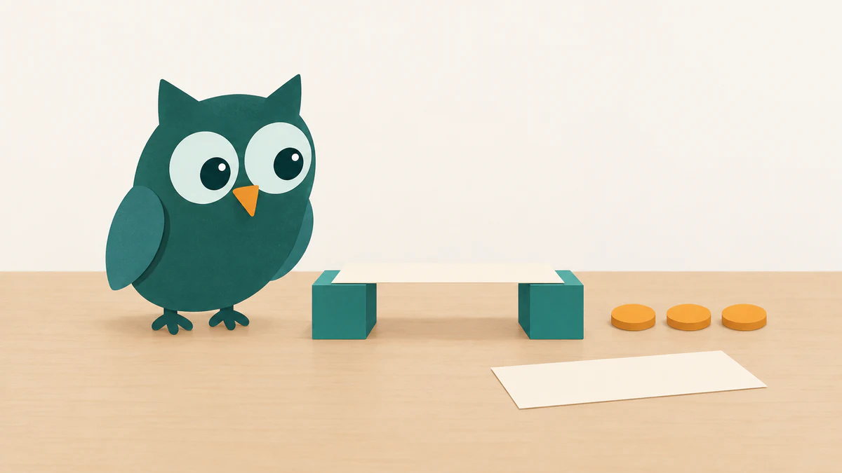 A teal owl observes a small flat paper bridge on matching supports, with blank amber loading pieces nearby.