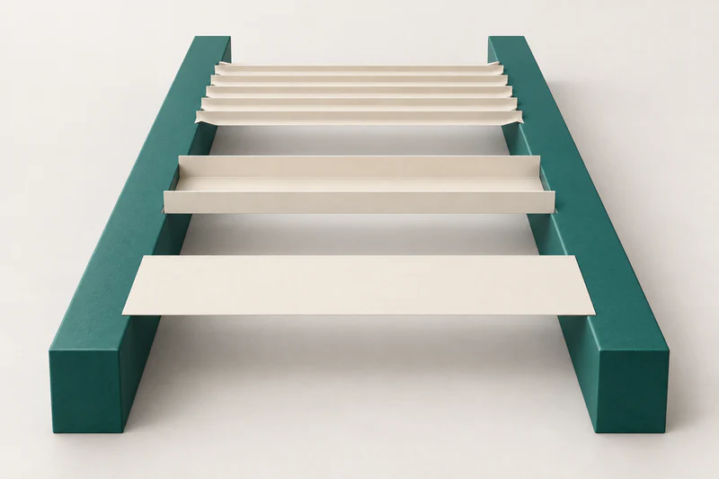 Flat, channel-shaped and accordion-folded paper decks cross the same gap between two matching support rails.