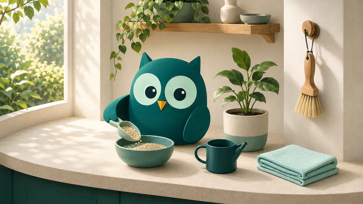 Homeschowl demonstrating a practical routine with food preparation, plant care, folding, and safe cleanup tools.