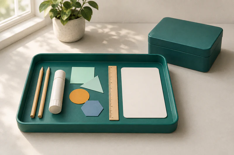 One intentionally limited project tray holds the essential tools and pieces while a reserve box stays closed and the table remains clear.