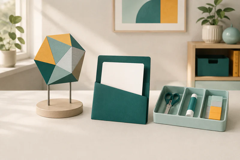 A finished model, one saved portfolio card, and a reset materials tray create a clear and satisfying project closeout.