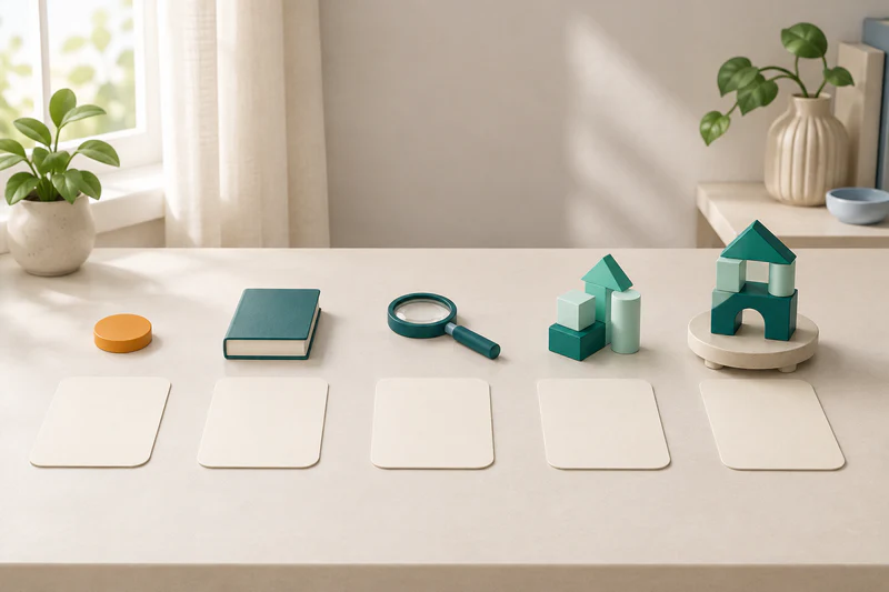 Five blank stage cards form a clear path from a goal token through research and building to a finished model.