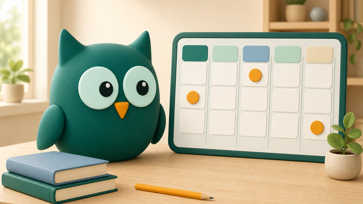Homeschowl calmly planning a flexible week with priority cards, open space, books, and a family calendar.