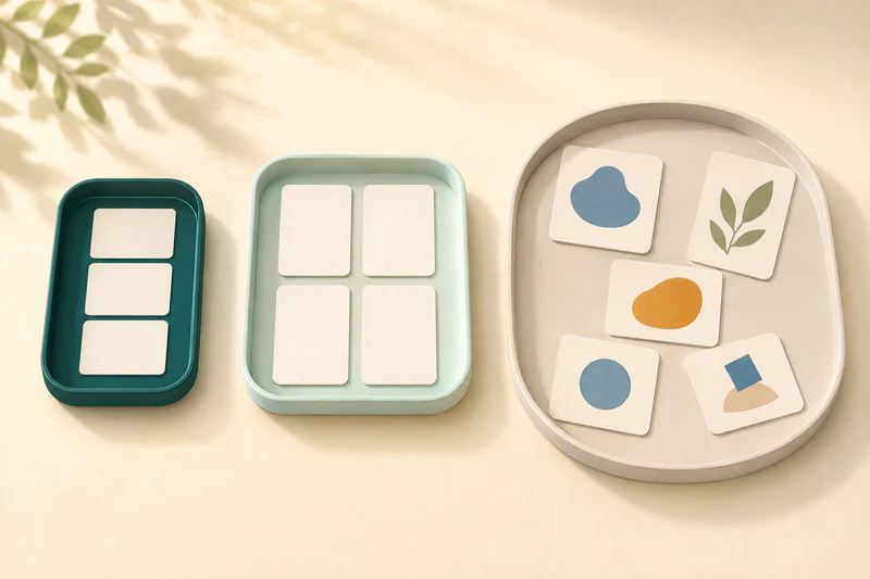Three trays separate a small essential group, a middle group of valuable work, and a larger relaxed menu of optional activities.