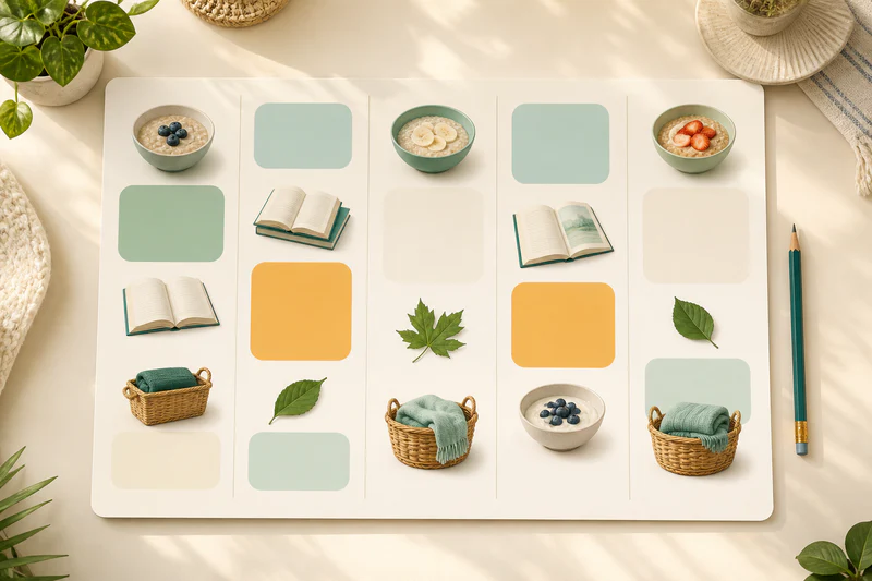 A five-column weekly plan uses a few large anchor blocks and leaves open space in every day.