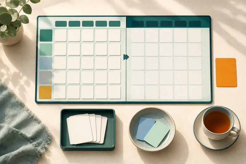 A reviewed weekly board flows into a small archive, a bowl for discarded optional cards, and one amber adjustment for the next week.