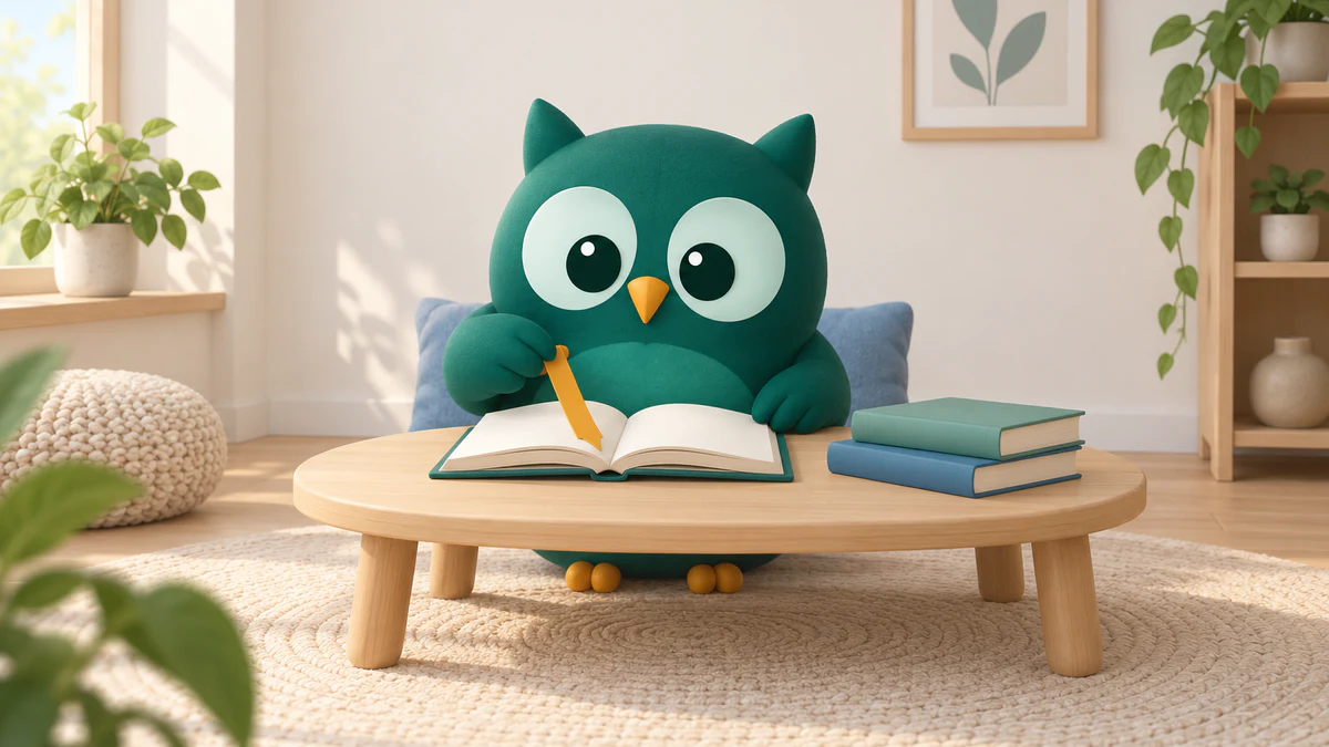 Homeschowl holds an amber bookmark over an open book, with two closed books nearby in a cozy reading nook.