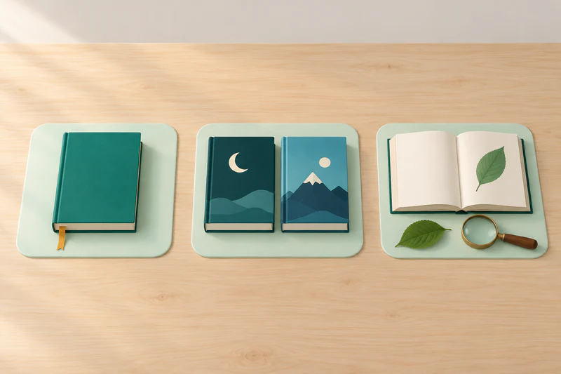 Three equal mats offer different reading directions: a bookmarked book, two books with contrasting covers, and a nature book with a leaf and magnifying glass.
