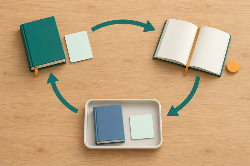 Three groups of books and blank cards are linked by curved arrows, showing a small plan, an observation while reading, and a review that returns to the next plan.
