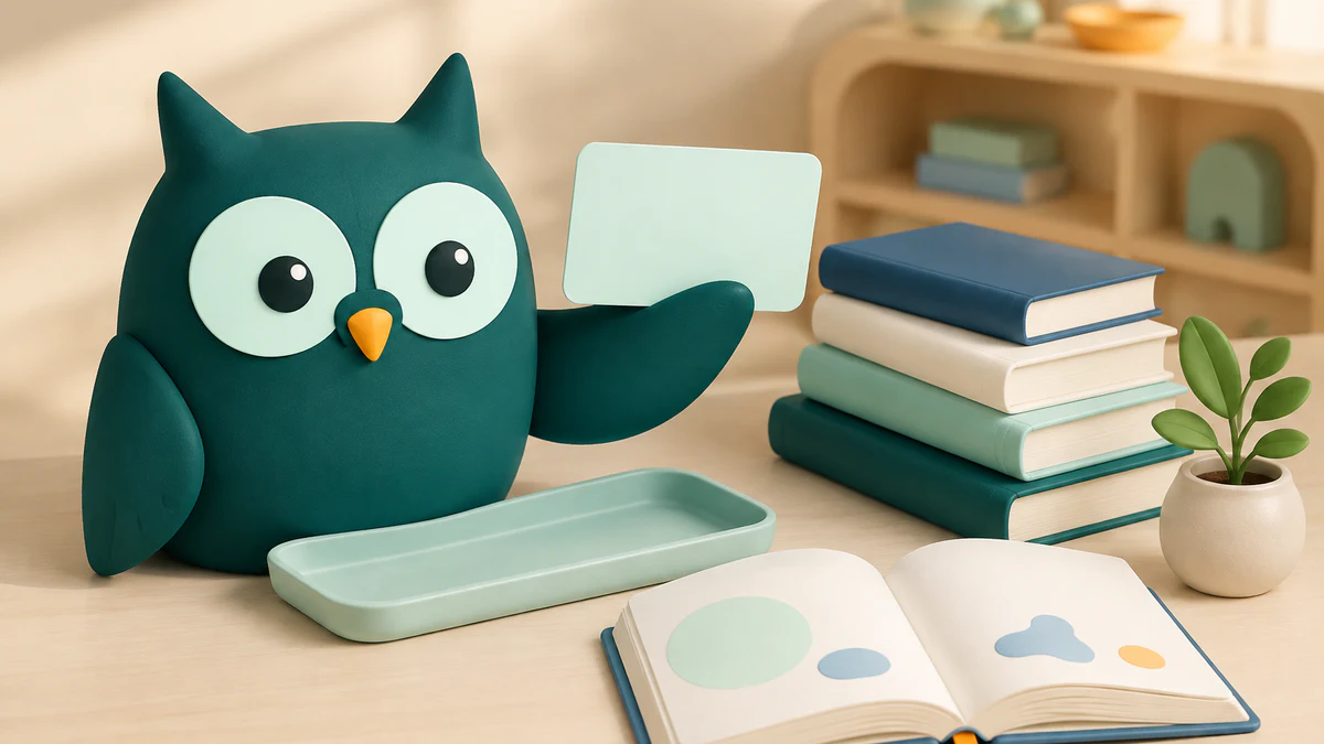 Homeschowl placing one simple reading card beside a small stack of varied books in a calm family reading corner.