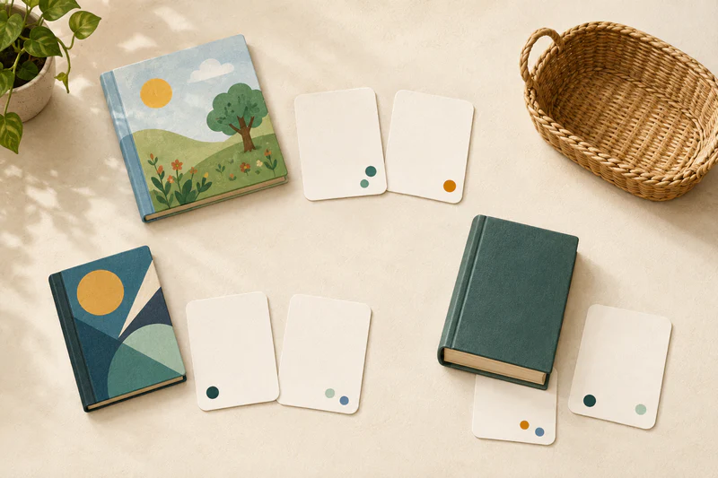 Six reading cards form three relaxed clusters around different book types, with a basket ready for the next choice and no scores or ranking.