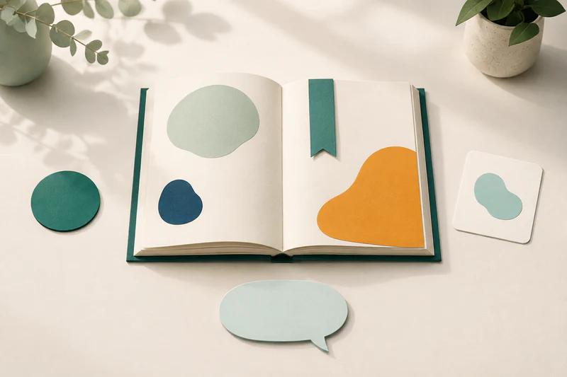 An open picture book is surrounded by four equal response choices: a reaction circle, drawing card, bookmark, and speech-shaped token.