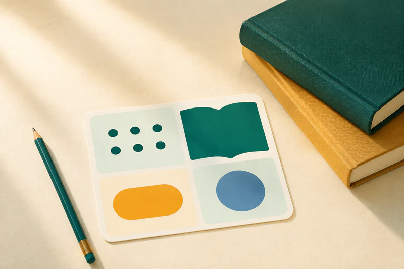 A compact reading card uses four simple visual areas beside a pencil and two books, showing a quick record rather than a worksheet.