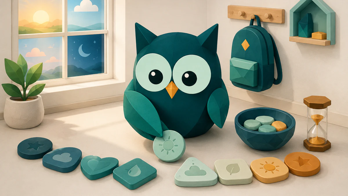 Homeschowl placing a daily presence pebble on a curved path beside a review bowl and small hourglass.