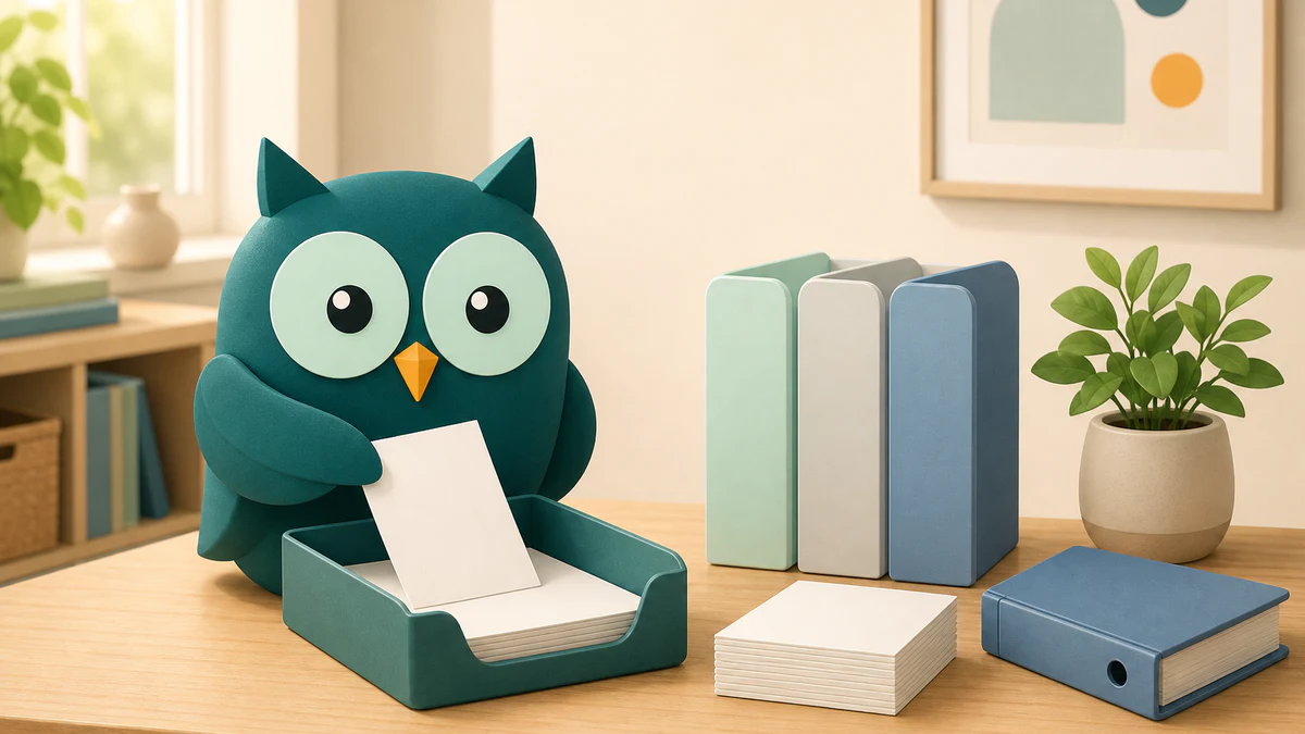 Homeschowl calmly organizing student records into simple folders, an archive tray, and a monthly review stack.